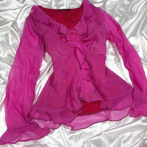 Draax Fashions Tops - y2k romantic Ruffle Blouse Pink Draax Rose Applique Long Sleeve XS